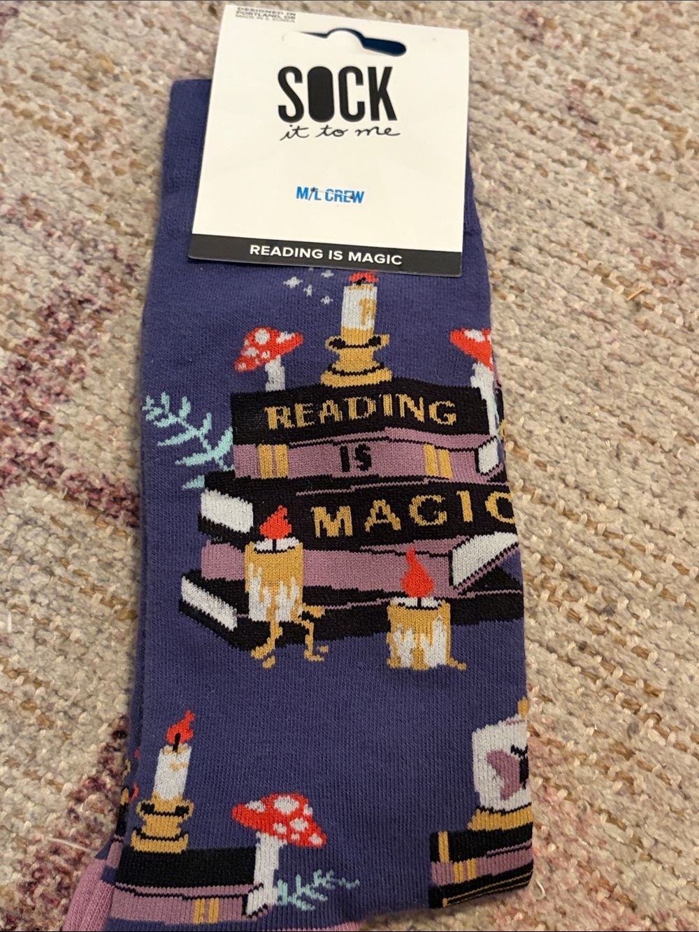 Sock It To Me "Reading Is Magic" Crew Socks Purple 🍄🕯️📖 unisex NWT